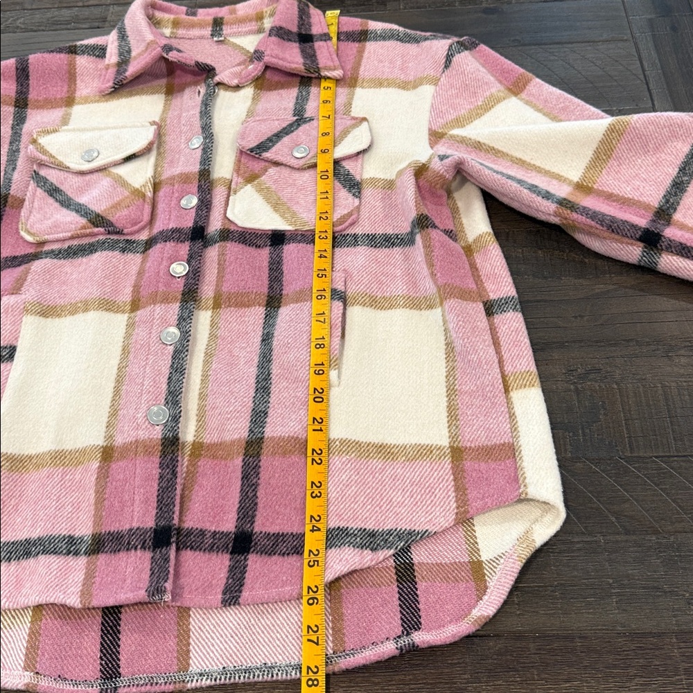 Women’s Plaid Shacket Shirt Pink and Cream Soft Long Sleeve Winter Top S - Picture 12 of 16